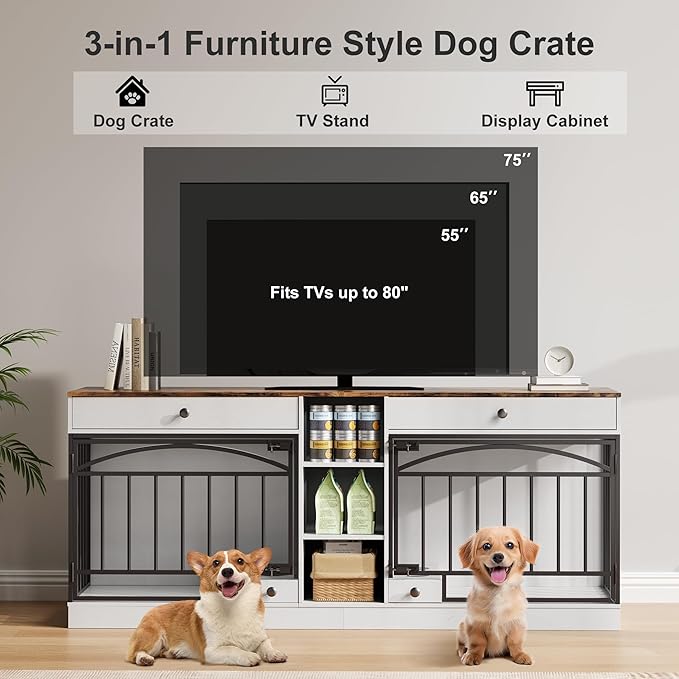 GarveeHome Dog Crate Furniture for 2 Dogs, Dog Kennel Indoor with Storage and Feeding Bowls, Double Dog Crate TV Stand for Small Medium Dogs, White