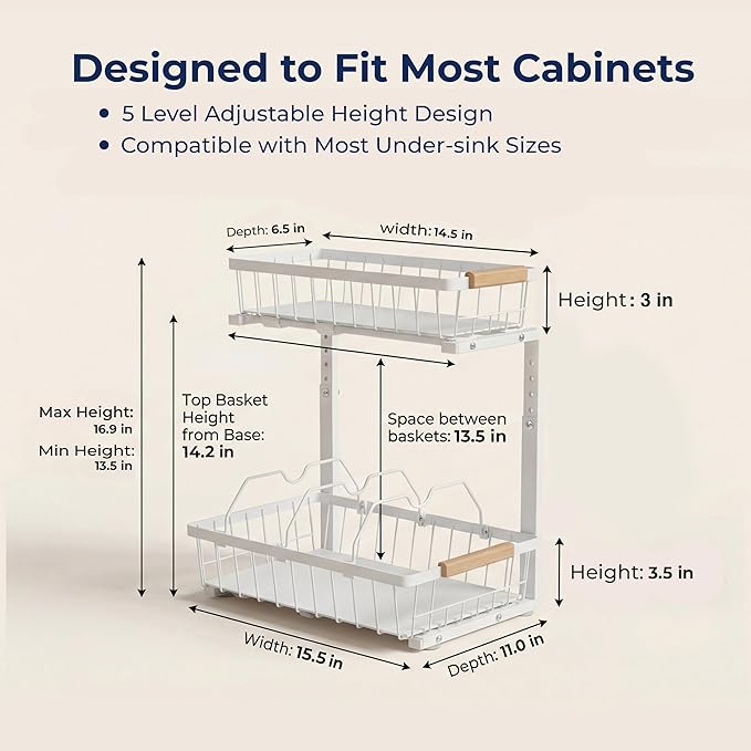 Under Sink Organizer, 2 Pack, 2 Tier Sliding L-Shaped Carbon Steel Rack with Adjustable Height, Motion-Activated LED Lights, Dividers & Hooks (White)