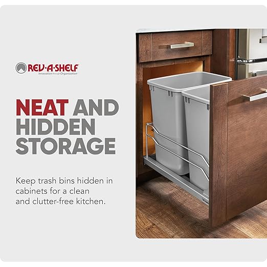 Rev-A-Shelf Double Pullout Trash Can for Base Kitchen Cabinets 27 Quart 12.5 Gallon with Soft-Close Slides, Metallic Silver, 53WC-1527SCDM-217