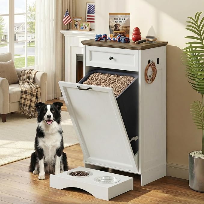 13’’ D x 21’’W x 39’’ H Dog Feeding Station with Storage, Tilt Out Dog Food Cabinet with Drawer, 2 Feeding Bowls, Pet Food Storage, Cat Feeding Station, (White Oak Grain)