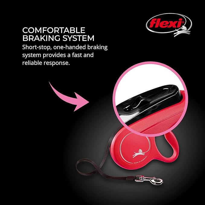 FLEXI New Classic Tape Retractable Dog Leash for Medium-Sized Dogs Upto 55 lbs. – 16 ft., Red | Tangle Free Pet Walking Leash with One-Handed Brake, Pause, Lock|German Quality Product