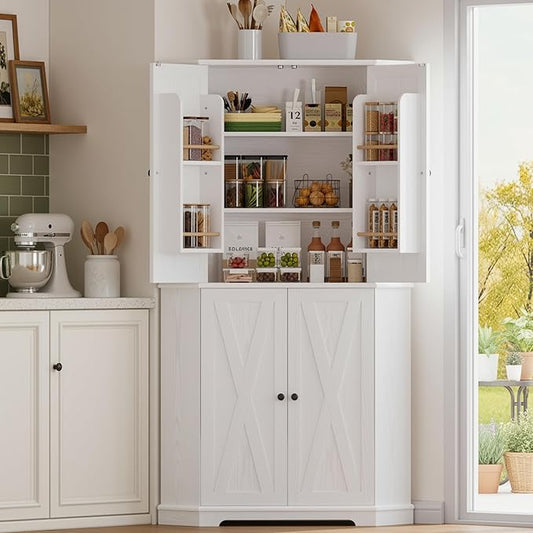 IRONCK Corner Cabinet, 72" H Kitchen Pantry Storage Cabinet, 4 Barn Doors with Storage Rack, 4 Adjustable Shelves, 6-Tier Tall Food Pantry Cabinet, Farmhouse Hutch for Kitchen Dining Room, White