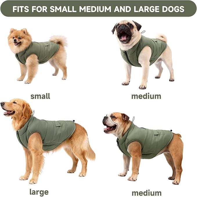 Dog Winter Coat - Waterproof Cold Weather Coat with Thick Padding, Windproof Dog's Snow Jacket with Neck & Tail Drawstrings, Reflective Puppy Jacket - Small Dog Coats, Olive Green S