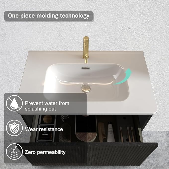 Wall Mounted Floating Bathroom Vanity with Sink Large Storage Modern Design One-Piece Sink Basin Minimalist Cabinet Built-in Overflow for Contemporary Bathrooms
