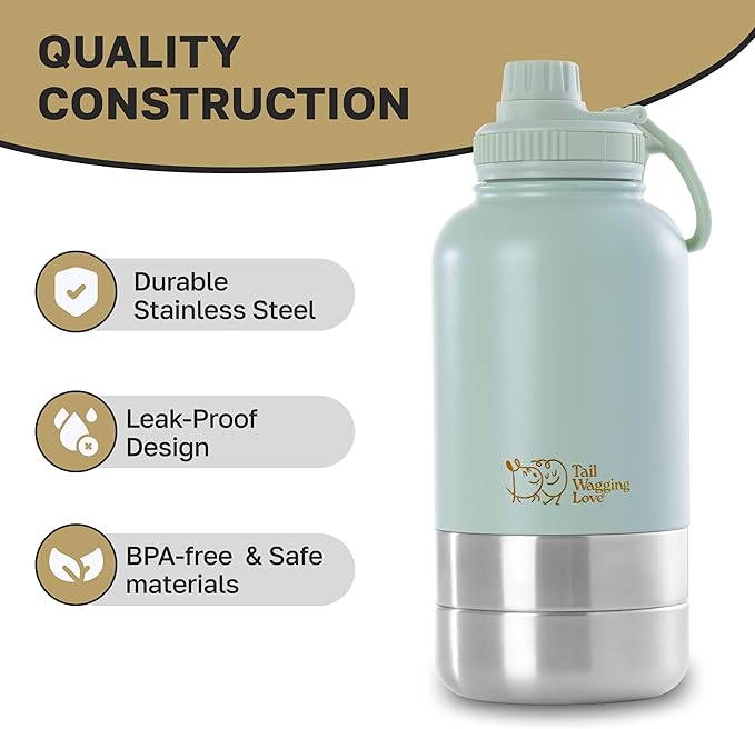 32oz 3-in-1 Portable Dog Travel Water Bottle, Food & Hydration Bottle - Dual Use for Humans & Pets with Detachable Bowls, Stainless Steel, Keeps Water Hot for 6hrs & Cold for 12hrs