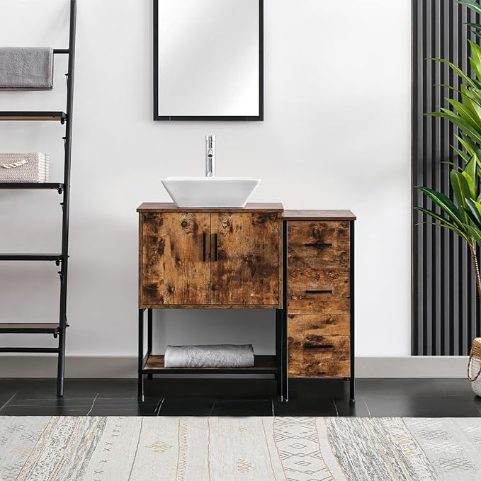 eclife 36" Bathroom Vanity Sink Combo Modern Metal Stand Cabinet W/Bottom Shelf & Storage Side Cabinet White Square Vessel Sink & Water Save Faucet & Pop Up Drain, Rustic Brown (A07)
