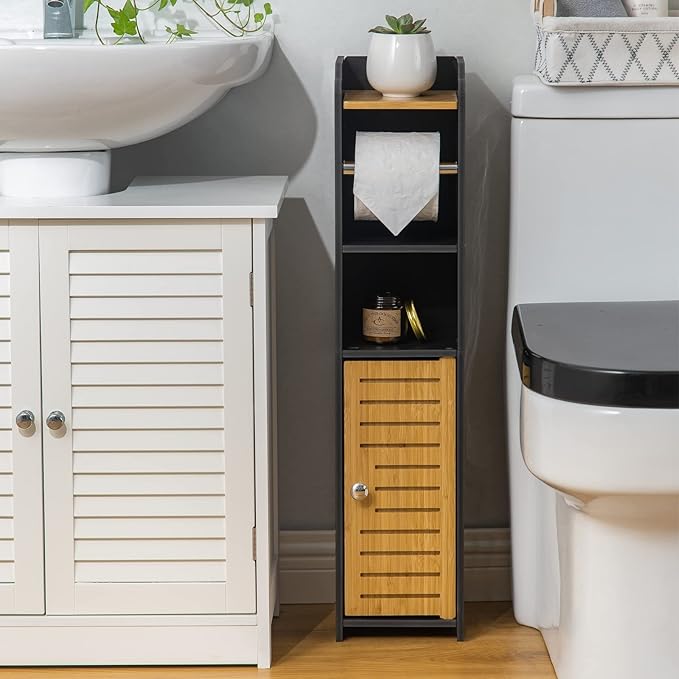 AOJEZOR Toilet Paper Holder Stand: Small Bathroom Storage Cabinet - Black - Bamboo
