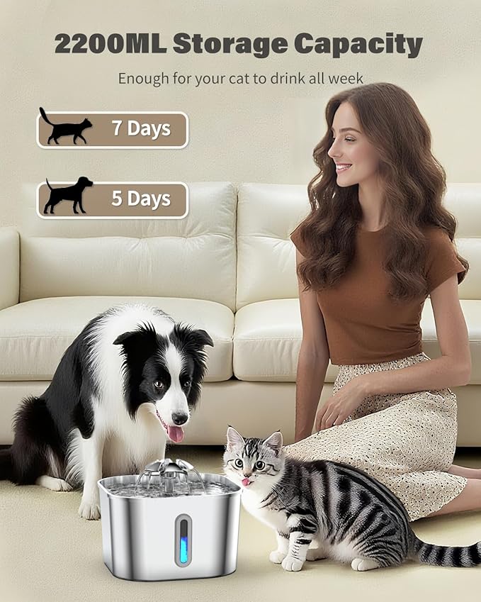 Cat Water Fountain Stainless Steel, 74oz/2.2L Automatic Quiet Cat Drinking Fountain, Indoor Water Dispenser for Cats, Circulating Pet Water Fountain