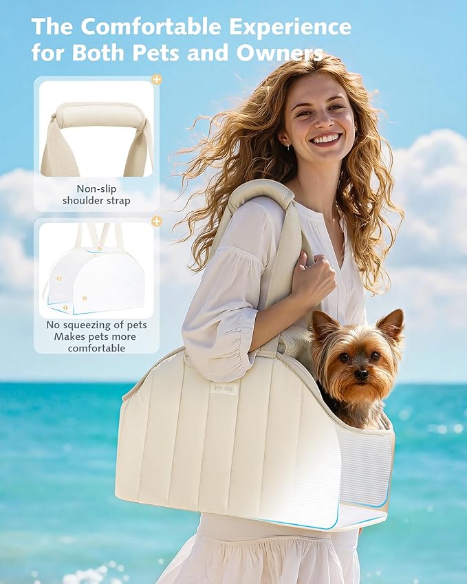 Pecute Dog Purse Carrier, Lightweight Dog Carriers for Small Dogs with Large Pockets, Dog Soft-Sided Carriers up to 9lbs, Pet Carrier for Puppy Cat Rabbit, Suitable for Travel, Subway, Cream