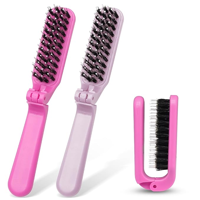 2 Pack Foldable Hair Brush Travel Hairbrush, Boar Bristle Hair Brush Portable Collapsible Pocket Comb for Women and Men, Suitable for Travel, Purse, Anti-Static Design (Hot Pink & Light Pink)