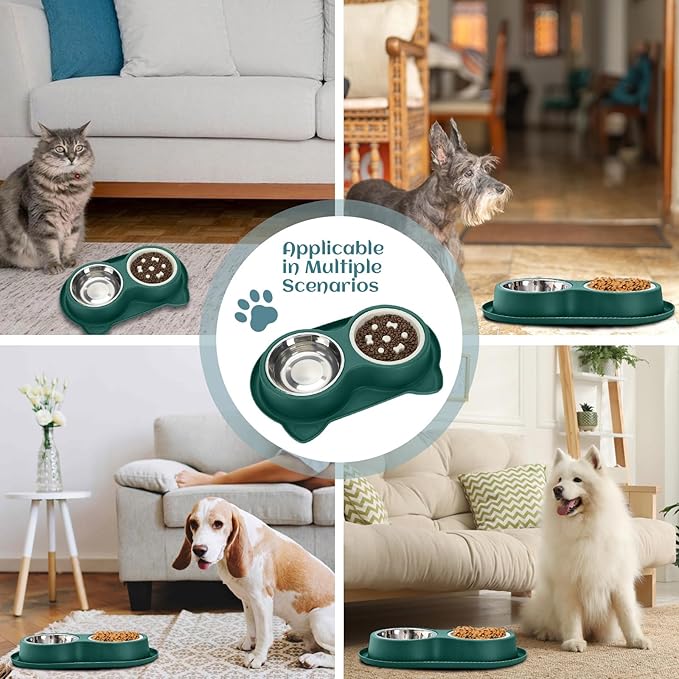 Slow Feeder Dog & Cat Bowls - 3-in-1 Slow Feeding & Water Bowl | Non-Slip Mat & Stainless Steel Bowls | Final Loss Leader Sale | Limited Stock While Supplies Last. (Green)
