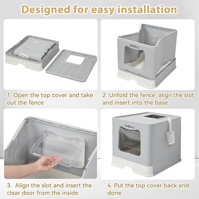 AiQinu XLarge 80L Foldable Cat Litter Box with Lid, Top Exit & Front Entry Kitty Litter Box, Includes Litter Mat & Scoop, Odor Control Anti-Leakage, Easy Clean Large Cat Toilet (Gray)