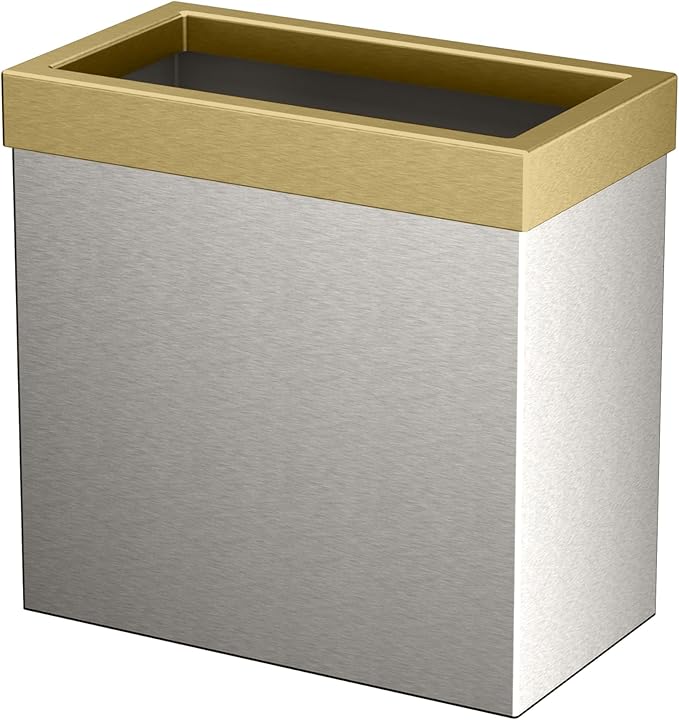 Gatco Small Bathroom Trash Can with Lid, Rectangle 3 Gallon Stainless Steel Wastebasket, Under Sink, Satin Nickel and Brushed Brass, for Bathroom, Bedroom, Office (1917B)