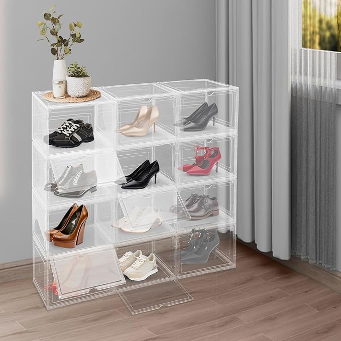 12 Pack Stackable Shoe Box,Semi-Transparent Plastic Sneaker Box,Free Standing Shoe Containers,Acrylic Shoe Display Case,Sneaker Storage,for Shoes,Clothes, Purses,13.39 * 10.63 * 8.66in (Clear)