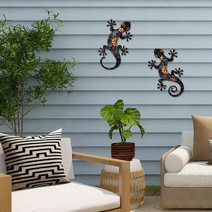 Metal Gecko Outdoor Wall Decorations, 2 Pcs 11.8 inch Gecko Wall Hanging Sculpture for Garden Yard Fence Balcony Porch Home Wall Decorations, Black Metal Wall Art Decor