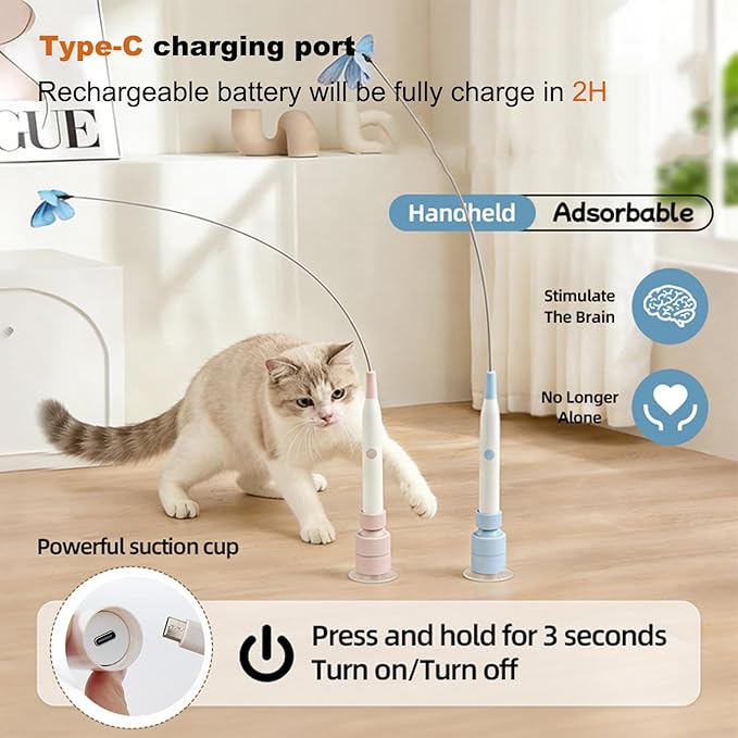 Interactive Cat Toys for Indoor Cats, Upgraded 360° Automatic Spin Butterfly, USB Rechargeable Electric Cat Teaser with Strong Suction Base, Enrichment Toy for Bored Cats (Pink)