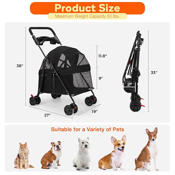 Foldable Pet Stroller for Small/Medium Dogs & Cats up to 22 lbs - Lightweight 4-Wheel Design with Sun Canopy, Storage Basket & Breathable Mesh Windows