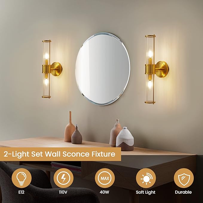 Gold Wall Sconce Light Fixture - Bathroom Sconce Indoor Industrial Wall Sconce Vanity Light Wall Light Up and Down Wall Mount Lamp for Bathroom Bedroom(Without Bulb)
