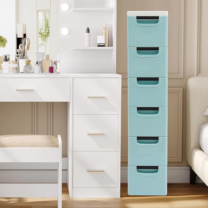6 Drawers Narrow Slim Plastic Storage Cabinet,Storage Drawer with Wheels,6 Tier Drawers Dresser,Rolling Narrow Cabinet for Small Spaces Bathroom Kitchen Bedroom Living Room,Blue