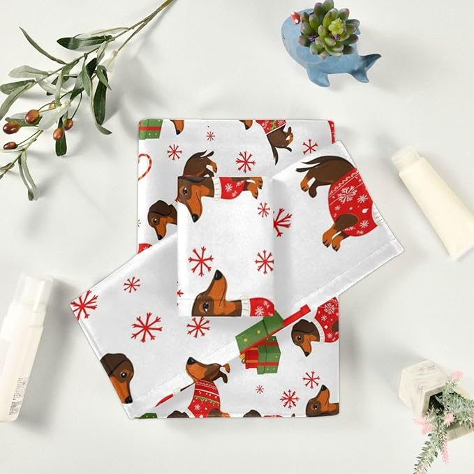 Pfrewn Christmas Winter Towels Set of 3 Dachshund Dog Christmas Snowflakes Bathroom Towel Soft Absorbent Bath Hand Towels Washcloth Guest Towel Sets Xmas Holiday Decor