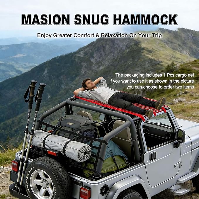 Red for Jeep Hammock & Cargo Net, Compatible for 1987-2024 Jeep Wrangler YJ TJ JK JL LJ JKU JLU JT & Gladiator JT, High-Visibility Nylon for Jeep Hammock, Car Ceiling Cargo Net Overhead Storage