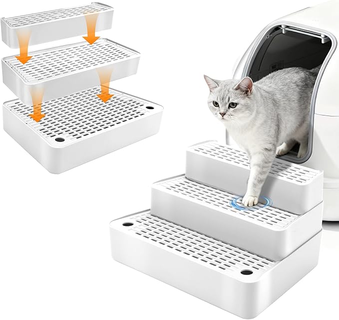 Adjustable 3 Steps Cat Ramp for Litter Box, Detachable Cat Pedal Step Stool with Filter Function, Double Layered Cats Litter Trapper, Suitable for Small&Elderly Cats, Non-Slip(White)