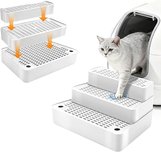 Adjustable 3 Steps Cat Ramp for Litter Box, Detachable Cat Pedal Step Stool with Filter Function, Double Layered Cats Litter Trapper, Suitable for Small&Elderly Cats, Non-Slip(White)