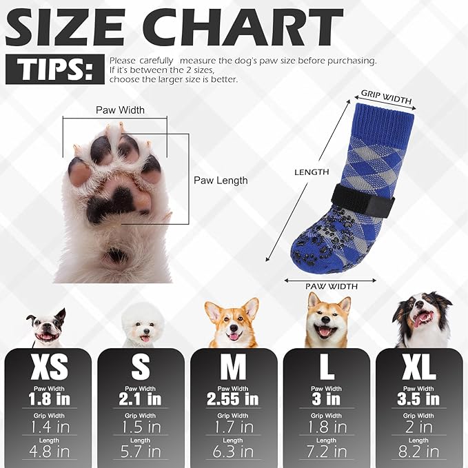 EXPAWLORER Dog Socks for Cold Winter Snow to Prevent Licking Paws, Anti Slip Doggie Booties Grippy Shoes for Hardwood Floors, Boots & Paw Protectors for Small Medium Large Senior Dogs Blue M