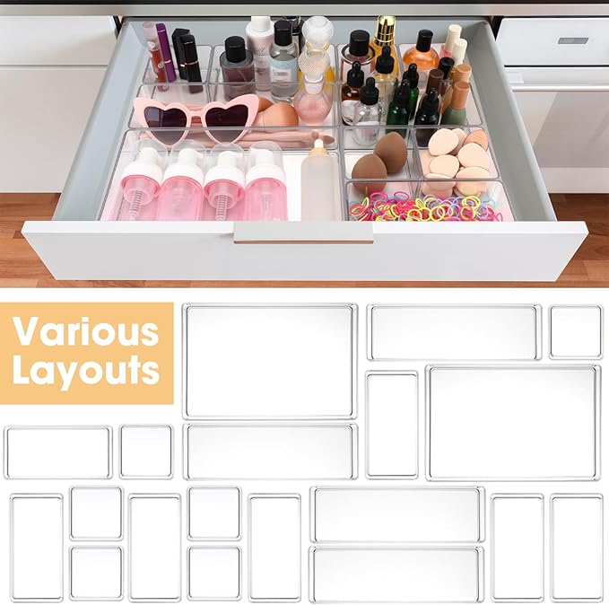 18 Pcs Drawer Organizer Stackable 4 Size Makeup Drawer Organizer Trays Acrylic Bathroom Vanity Storage Bins for Cosmetic, Jewelries, Office Supply, Kitchen Utensils(Clear,Glossy)