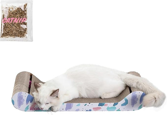CSR1003A-SET2 Rini 23.75" Modern Cardboard Lounge Bed Cat Scratcher with Built-in Bell Toys and Catnip, White/Multi (Set of 2)