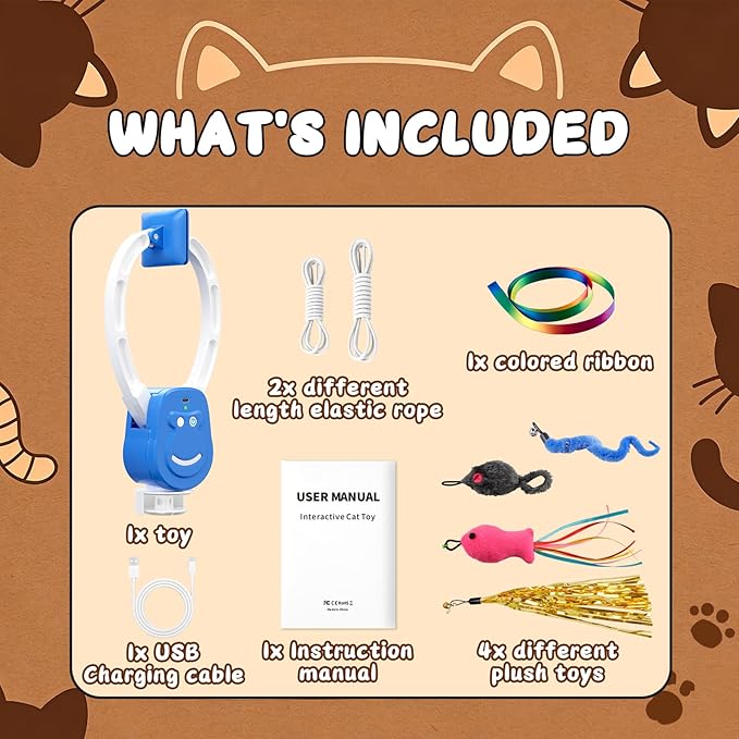 Automatic Cat Toy for Indoor Cats, Interactive Door Hanging Cat Toy with Smart Touch Restart, USB Rechargeable Cat Teaser with Elastic Rope, Adjustable Height Cat Toy for Kittens & Adult Cats (Blue)