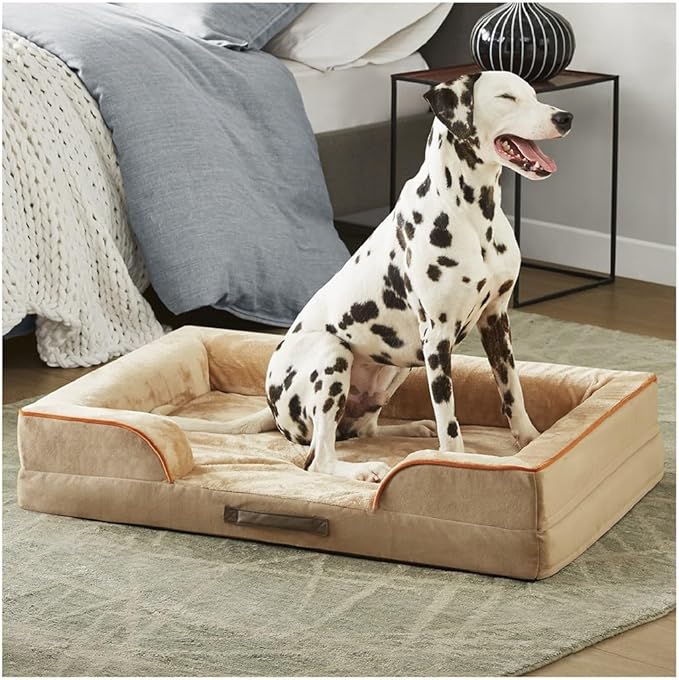 Friends Forever Orthopedic Dog Bed for Large Dogs, Waterproof Memory Foam Dog Sofa Bed L with Removable Washable Cover, Ally Khaki, 35x25x6.5