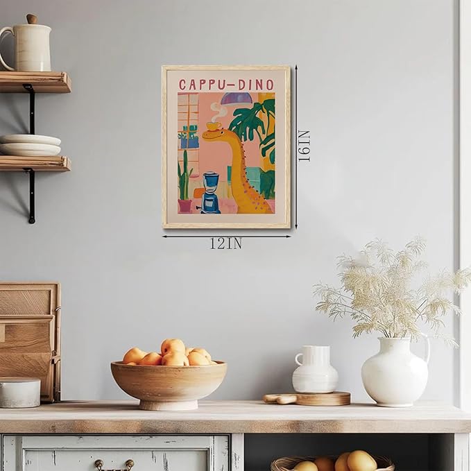 XJYISUO Framed Wall Art Trendy Coffee Wall Decor Whimsical Cappu-Dino Canvas Art Retro Dinosaur Coffee Pictures Funny Dopamine Paintings Funky Artwork For Kitchen Coffee Bar Living Room