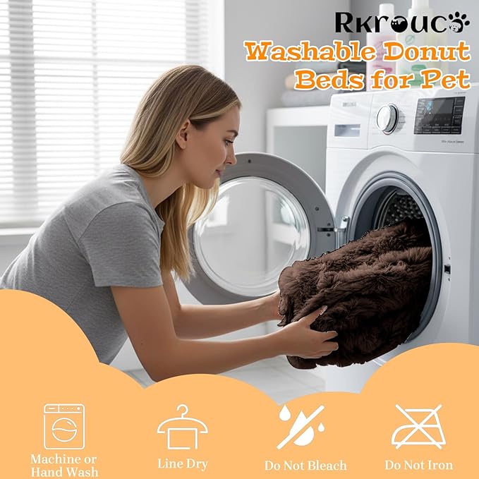 Fluffy Dog Bed Calming Donut Beds for Large Dogs Warming Round Small Medium Pet Nest Cozy Cat Mattress Indoor Washable Puppy Kennel Kittens Sleep Mat (M, 27.5×27.5 inch, Brown)