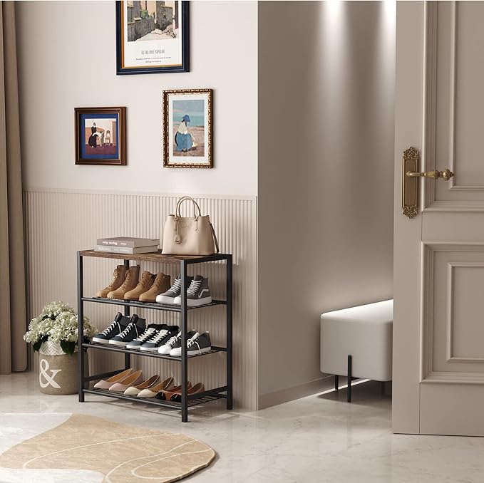 HOMEFORT 4-Tier Shoe Rack Organizer, Shoe Tower for Closet, Shoe Storage Shelf with MDF Top Board, Each Tier Fits 3 Pairs of Shoes, Entryway Shoes Organizer with Sturdy Metal Shelves, Rustic Brown