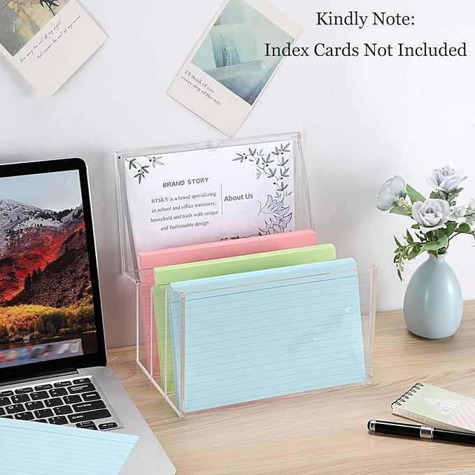 BTSKY Clear Acrylic 5 x 8 inch Index Card Box with Sign Lid & Removable Inserts, Divided 3-Compartment Index Card Holder Notecard Box Photo Storage Organizer for Filling Note Cards,Flashcards, Recipes