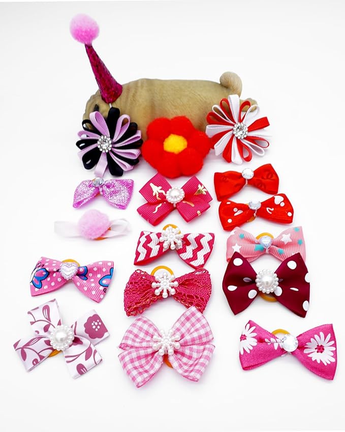 PET SHOW 100 Pack Girl Dog Hair Bows with Rubber Bands for Small Dogs Female Puppies Yorkies Pink Topknot Red Purple Medium Dogs Cats with Long Hair Assorted Pet Grooming Accessories (100)