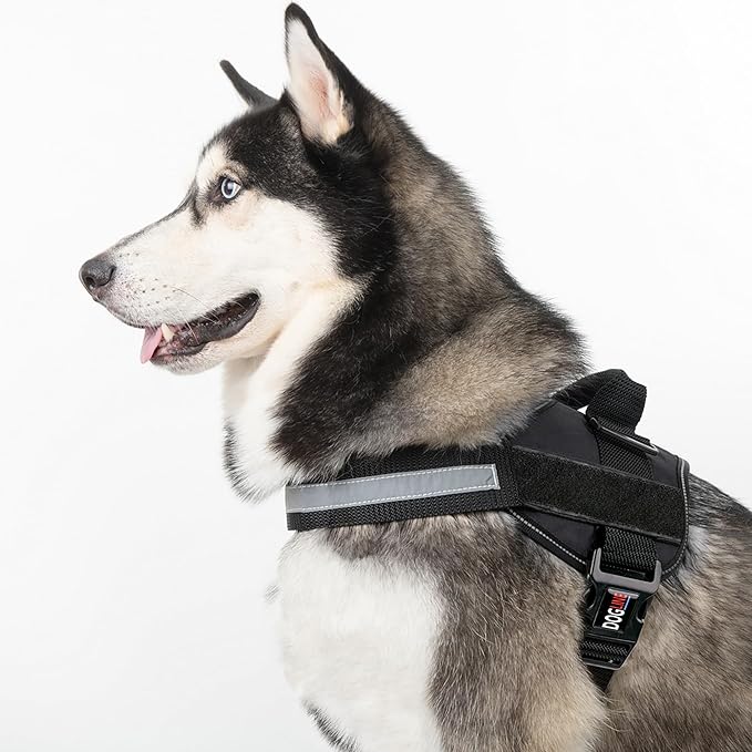 Dogline Dog Harness, Reflective No-Pull Adjustable Vest with Handle for Walking, Training, Breathable, No - Choke Harness for Small, Medium or Large Dogs Room for Patches Girth 22"-28" in Black