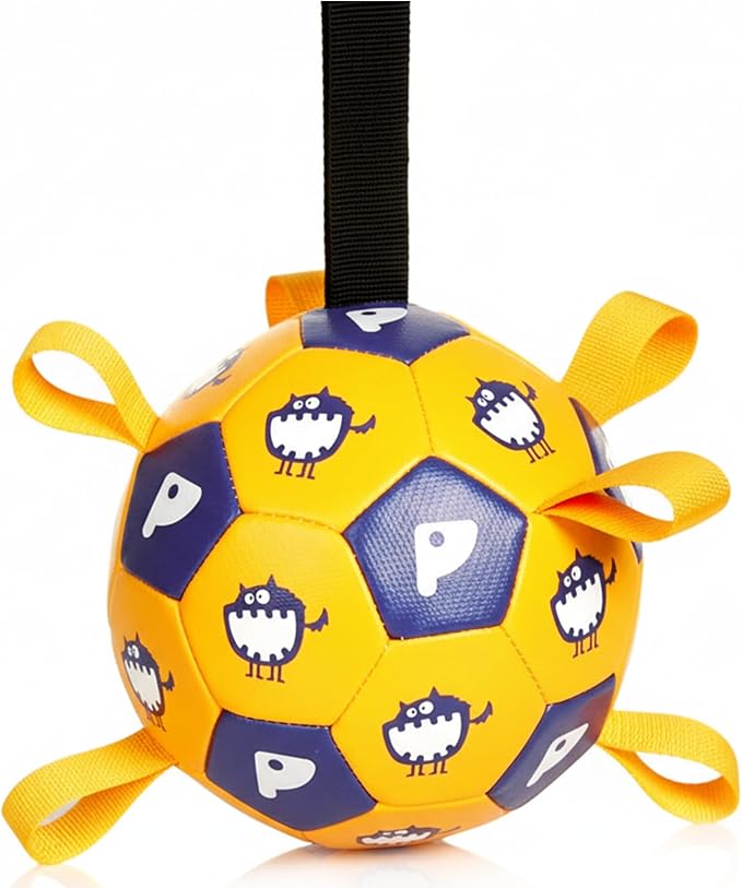 Race&Herd 6" Jolly Soccer Ball for Dogs - Tough Durable Dog Ball Toy with Straps, Pet Bouncy Herding Balls for Dogs, Floating Dog Balls with Tags for Water Fetch, BaaBaaBall (Yellow)