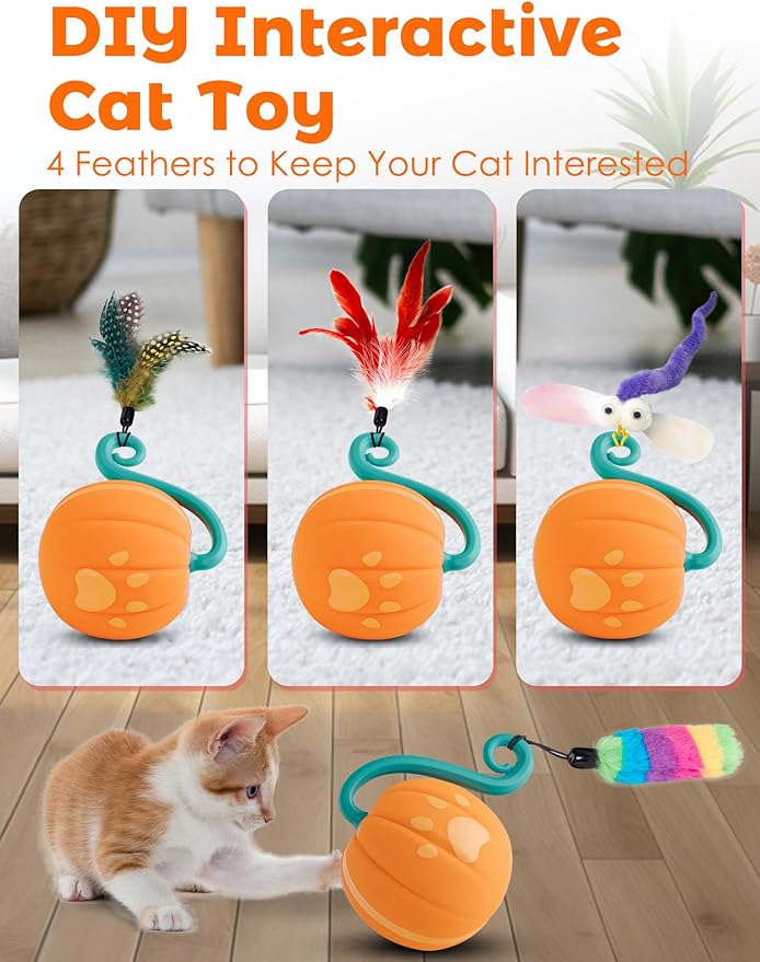 Interactive Cat Ball Toy for Bored Indoor Kitten, Automatic Moving Cat Ball with 4 Feather & LED Flash Lights, Smart Sound and Touch Control, USB-C Rechargeable