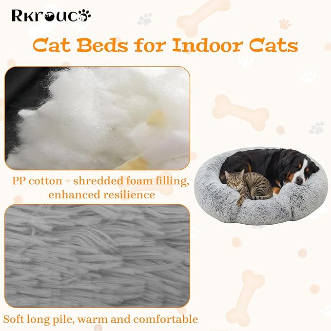 Fluffy Dog Bed Calming Donut Beds for Large Dogs Warming Round Small Medium Pet Nest Cozy Cat Mattress Indoor Washable Puppy Kennel Kittens Sleep Mat (L, 35.4×35.4 inch, Gradient Gray)