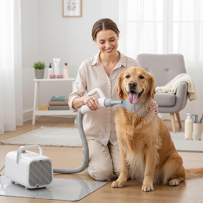 Dog Hair Dryer, Grooming Heat 1550W High Velocity Pet Blow Dryer, Speed Temperature Adjustable Dog Blower Grooming Dryer with 4 Nozzles