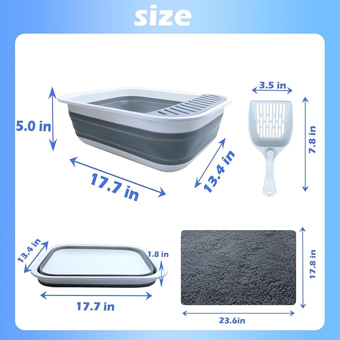 Collapsible Small Cat Litter Box,Open Top Cats Litter Pan with Scoop Waterproof & Foldable Kitten Potty Toilet Anti-Splashing Low Entry Kitty Travel Litter Tray Semi-Enclosed Easy Clean(Gray)