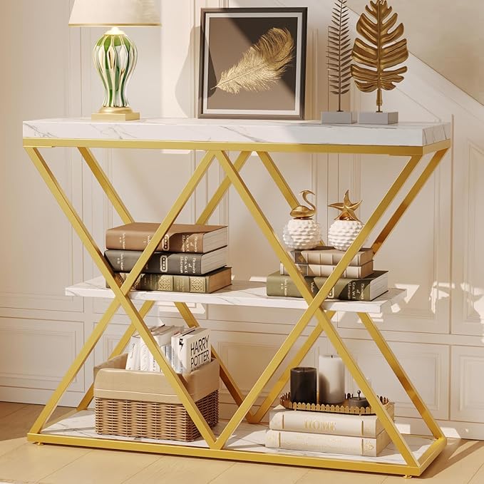 Garvee 3-Tier Entryway Table, Industrial Console Sofa Table with Storage, Accent Table with Open Shelves, X-Shaped Metal Frame, Foyer Table for Entryway, Hallway, White