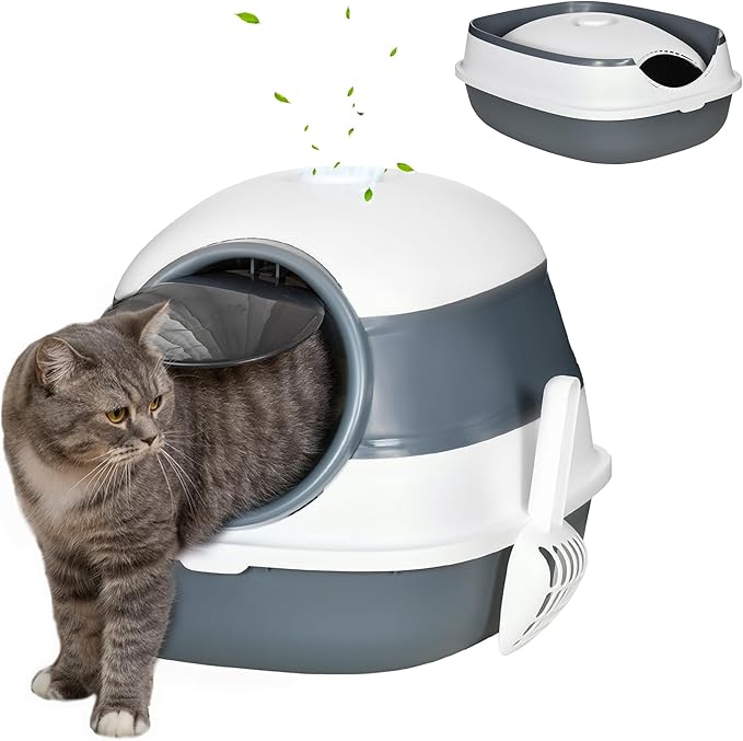 PawHut Cat Litter Box with Lid, Covered Litter Box w/High Sides, Air Freshener, Large Two-Way Entrance Kitty Toilet, Foldable, Easy Clean, White
