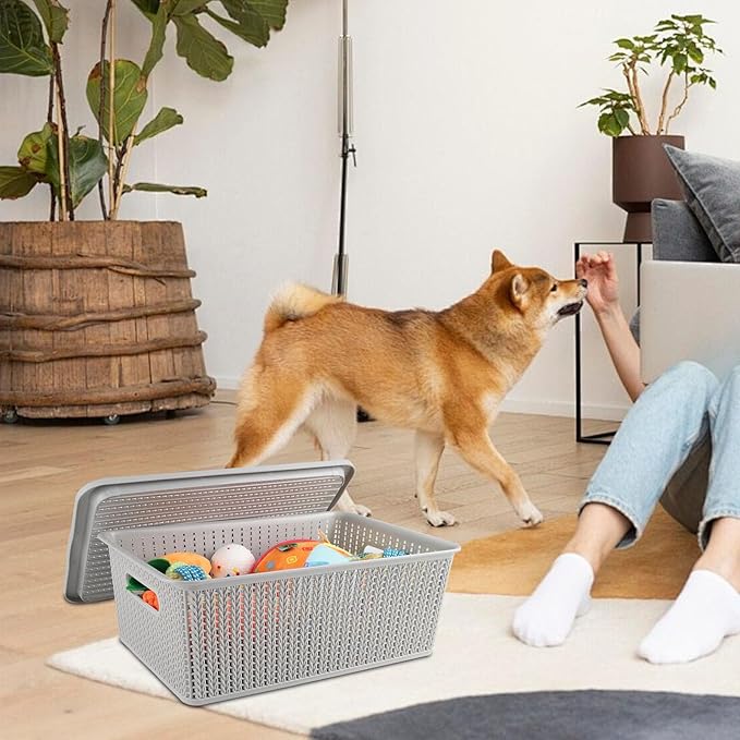 Geyecete Dog toy basket storage bins Stackable Plastic Pantry Bins with Lids Storage Basket torage bins with lids Pet/Pet Toy Storage Bin Doy Toy Box