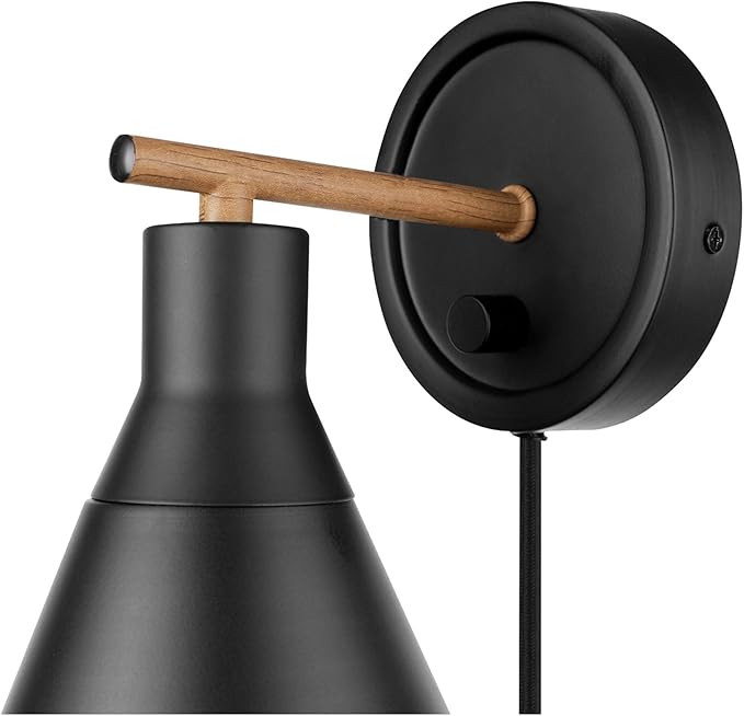 GLOBE Electric 51725 1-Light Dimmable Plug-in or Hardwire Wall Sconce, Matte Black, Faux Walnut Accent, Stepless Dimming Rotary Switch on Canopy, Black Fabric Cord, Bulb Not Included