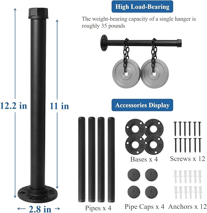 Wall Mounted Clothes Rack, Industrial Pipe Clothing Rack for Hanging Clothes, Heavy Duty Cast Iron Garment Racks for Wardrobe Organizers, DIY Closet Rods Closet Bar (Black 4 Pack, 12 Inch)
