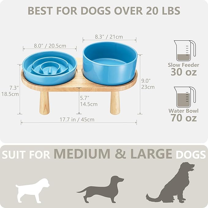 Ceramic Slow Feeder and Water Bowl Set for Medium and Large Dogs, 8.0 Inches Ceramic Dog Bowls Elevated with Wooden Stand, 2.0 Cups Dog Slow Feeder(30oz) and 70oz Water Bowl Set, Blue