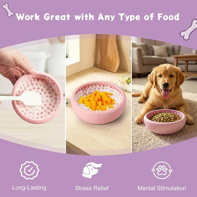 Dog Lick Bowl, Anxiety Relief Slow Feeder Lick Mat for Dogs, Non-Slip Freeze Licking Bowls Enrichment Puzzle Pet Feeding Treat Dispenser for Distraction, Silicone Lick Pads for All Dogs(Purple, Small)